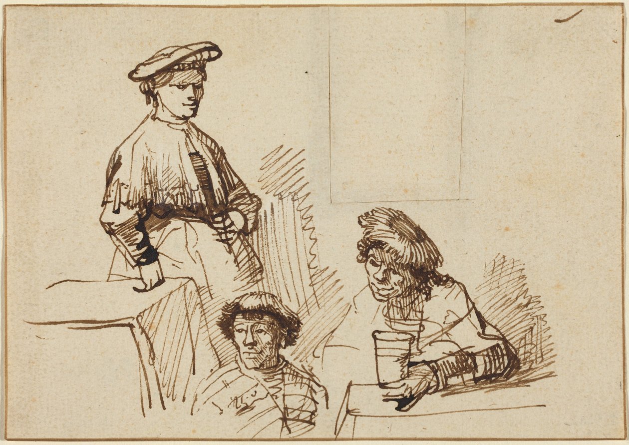 Sketches from a Tavern: Woman Standing and Two Men Seated by Rembrandt van Rijn