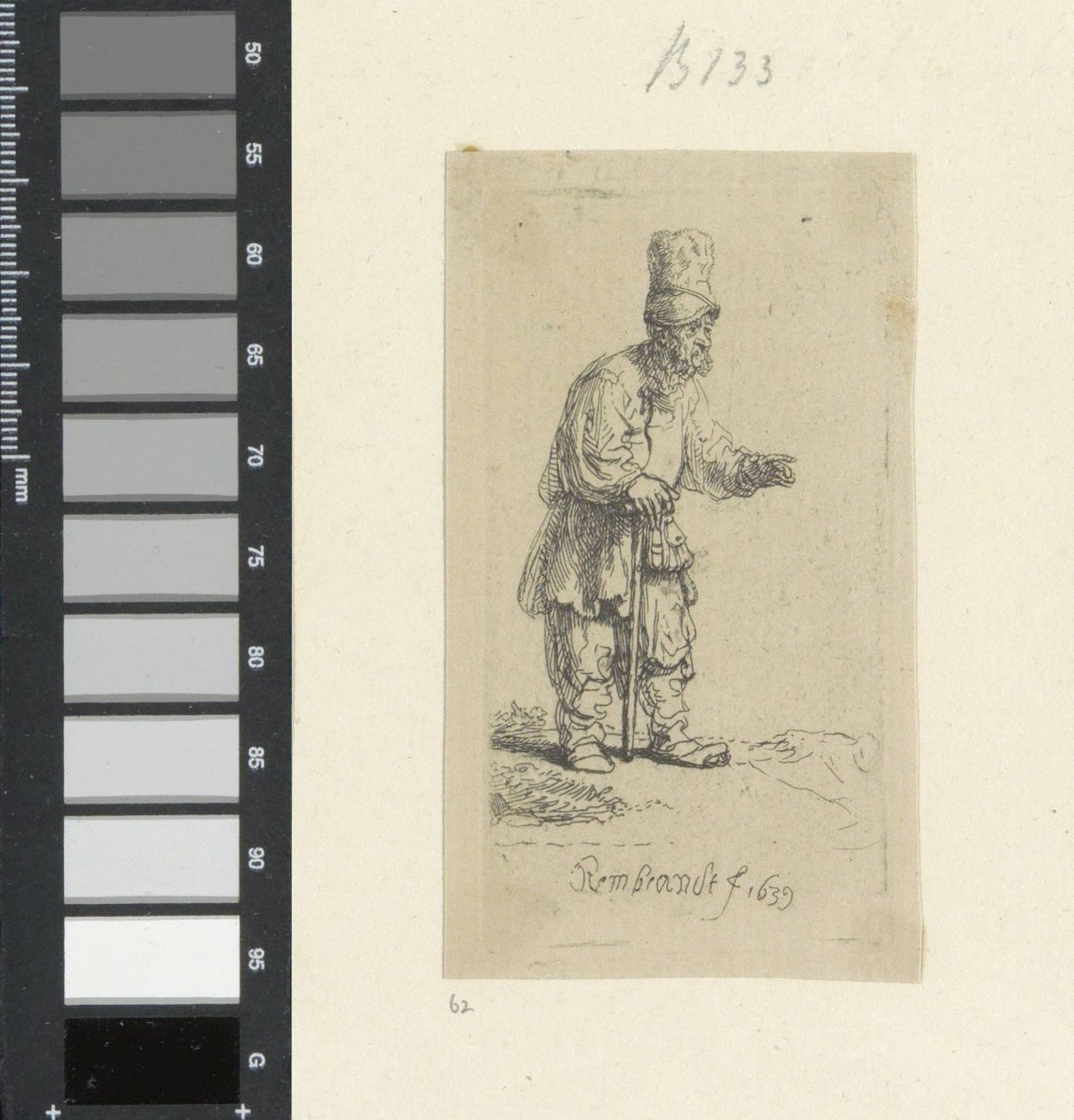 Standing Peasant with High Headgear, Leaning on a Stick by Rembrandt van Rijn