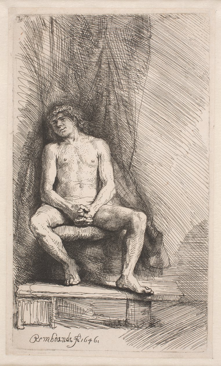 Study from the Nude: Man Seated Before a Curtain by Rembrandt van Rijn