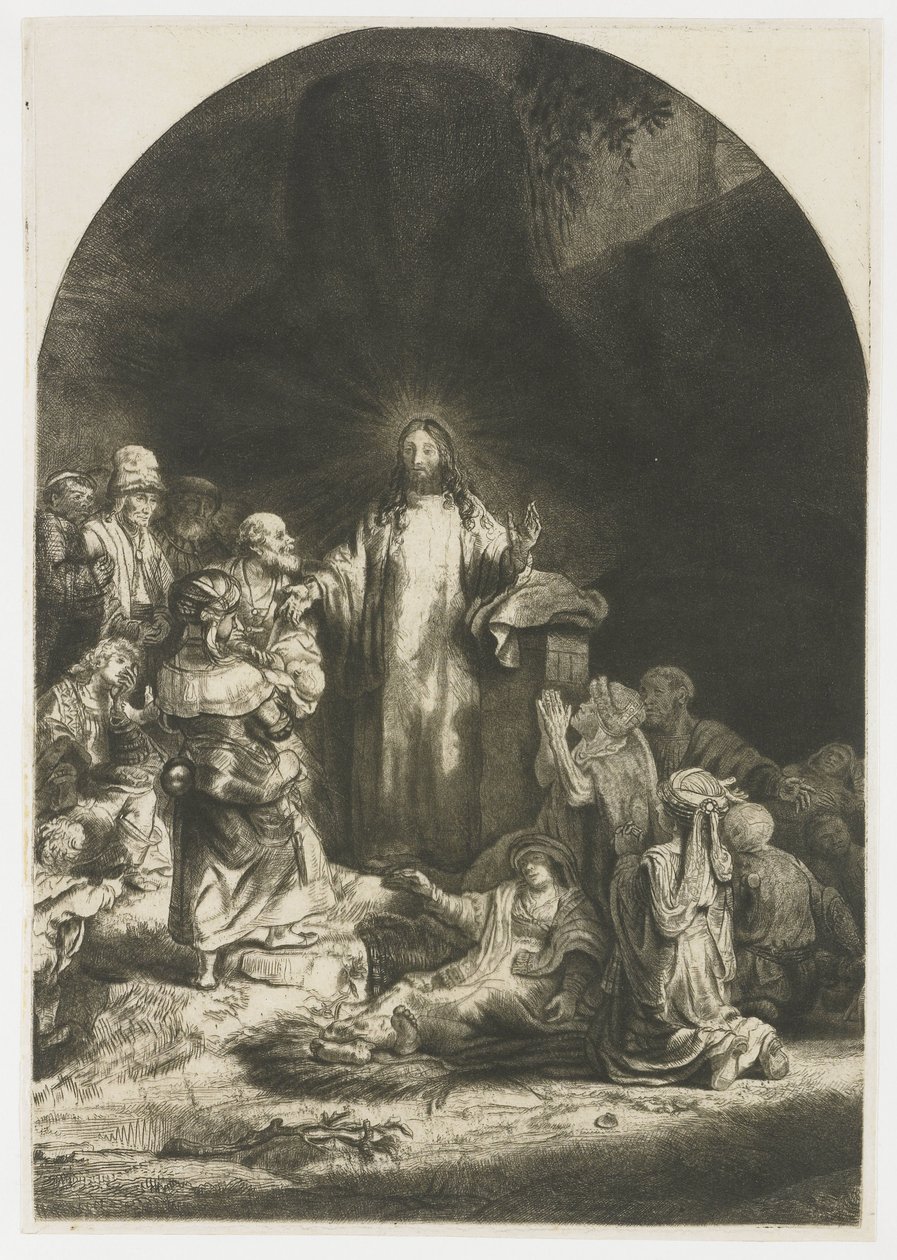The Hundred Guilder Print: The Central Piece with Christ Preaching, the Plate Arched by Rembrandt van Rijn