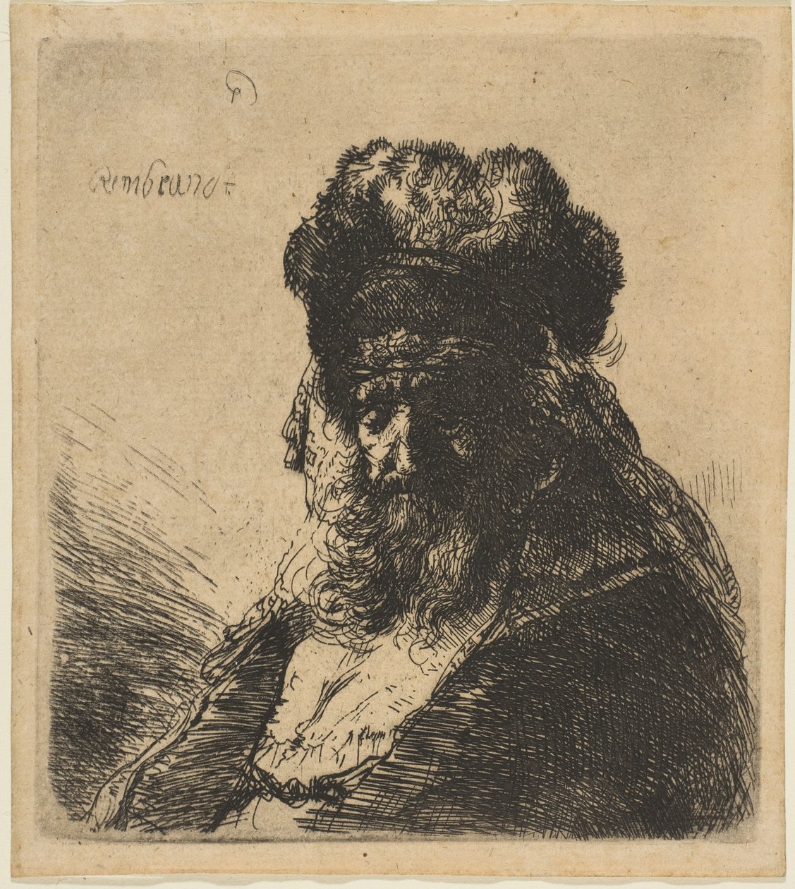 The Old Bearded Man in a High Fur Cap, with Eyes Closed by Rembrandt van Rijn