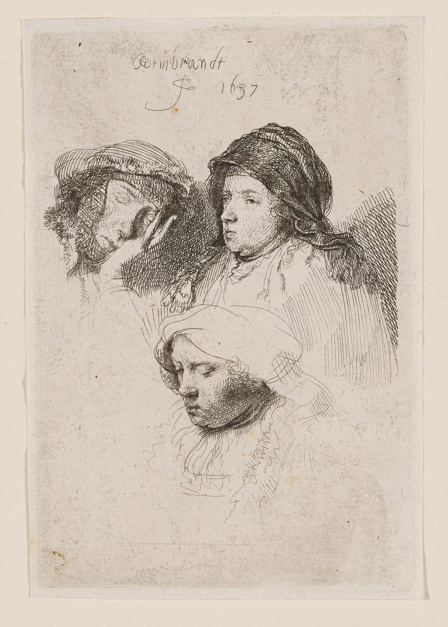 Three Heads of Women, One Asleep by Rembrandt van Rijn