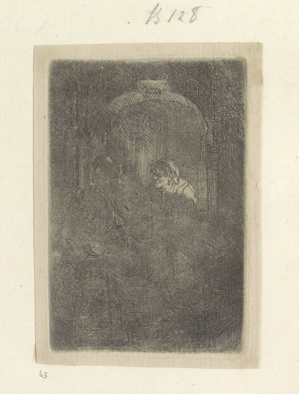 Woman in a Doorway, Talking to a Man with Children by Rembrandt van Rijn