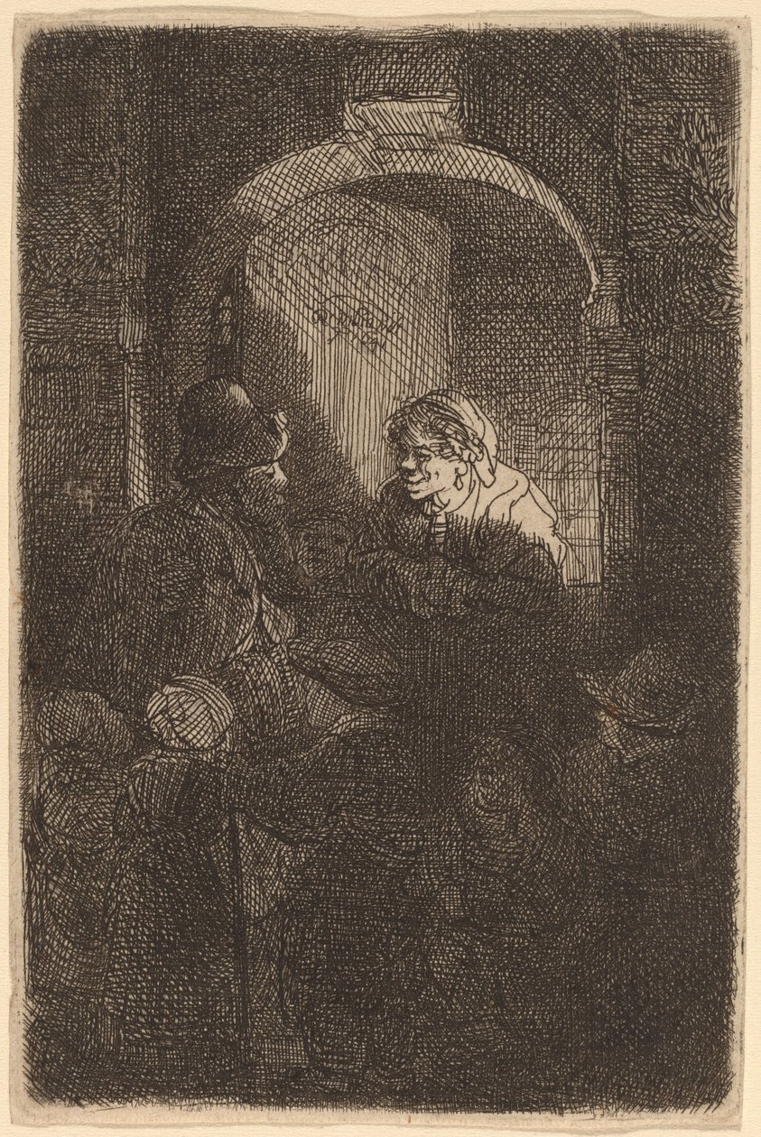Woman at a Door Hatch Talking to a Man and Children by Rembrandt van Rijn
