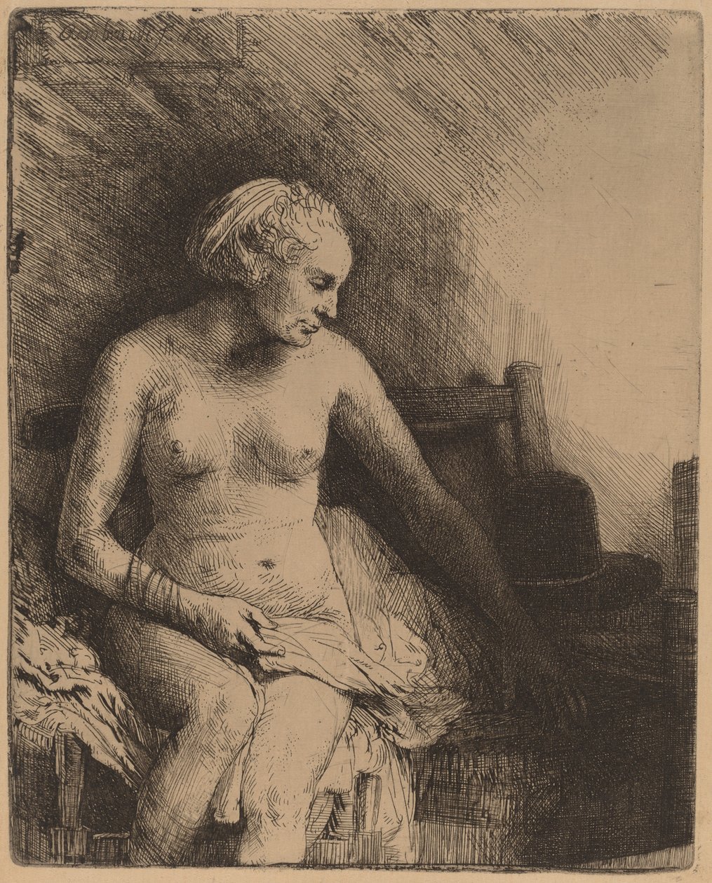 Woman at the Bath with a Hat beside Her by Rembrandt van Rijn