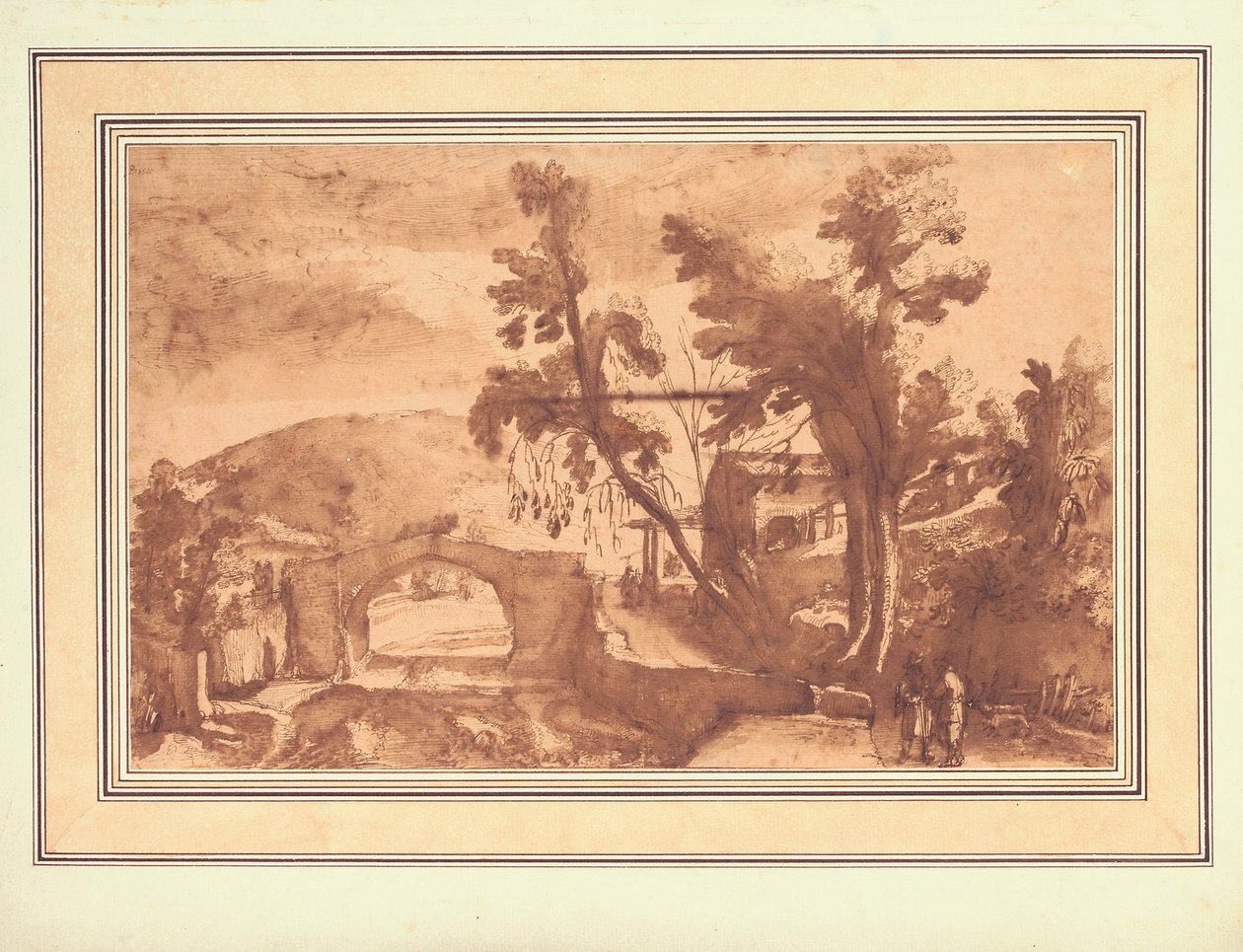 A Mountainous Landscape with a Bridge Over a River, Figures on a Road by a Farmstead to the Right by Remigio Cantagallina