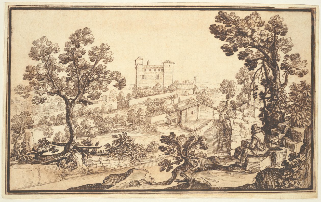 Landscape with a Man Resting, Farm Houses, and a Castle by Remigio Cantagallina