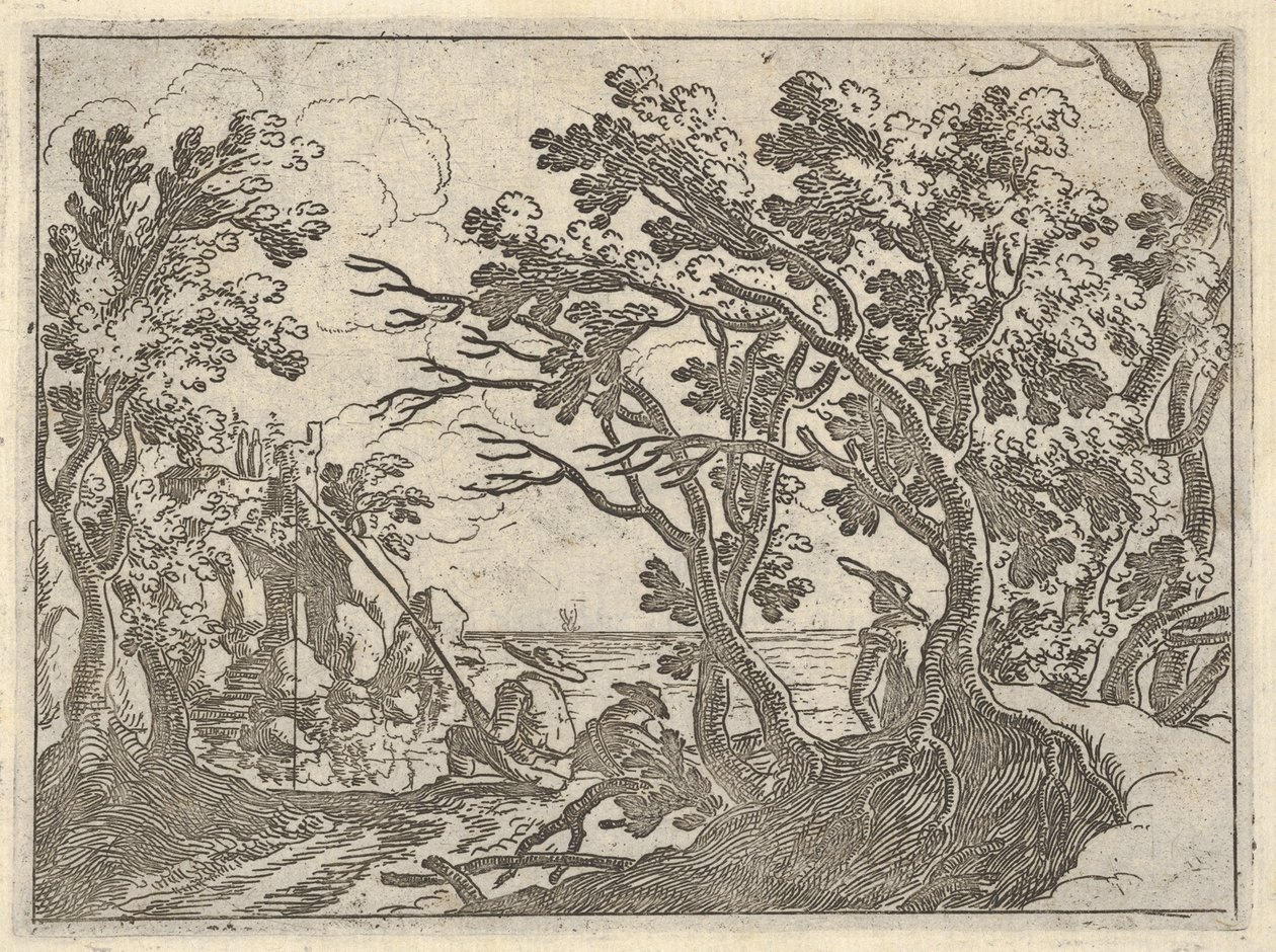 Landscape with onshore fisherman and male onlooker under trees, a man in a boat bow by Remigio Cantagallina