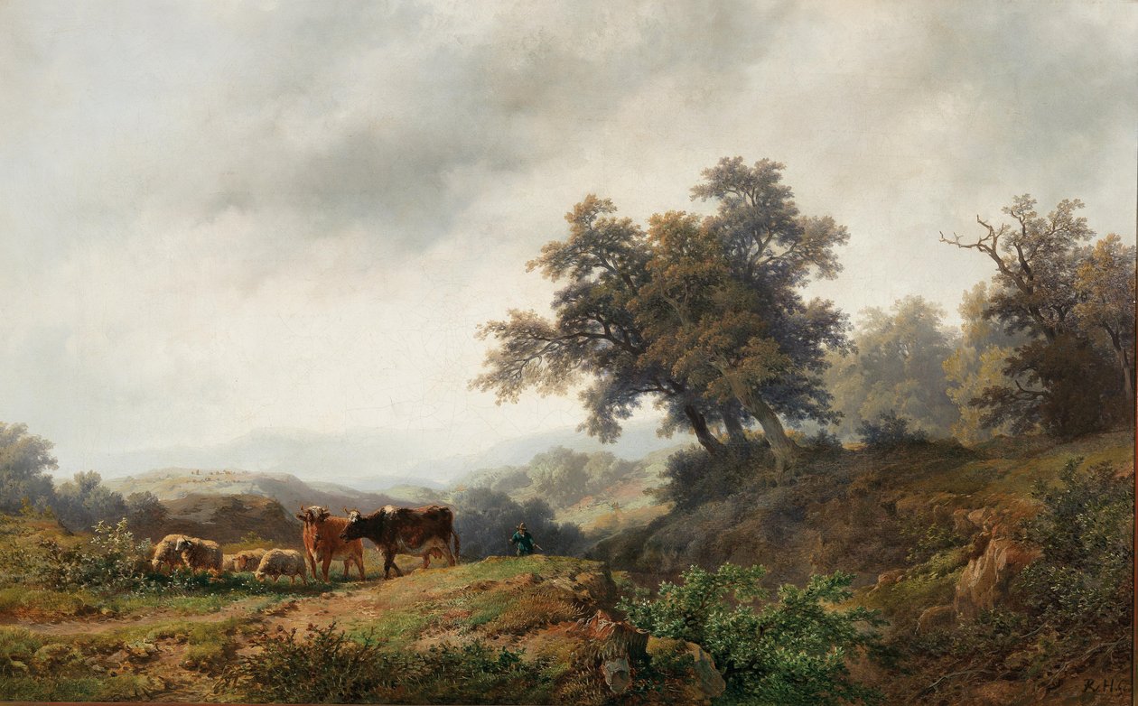 Open Landscape with Cows and Herdsman by Remigius Adrianus Haanen
