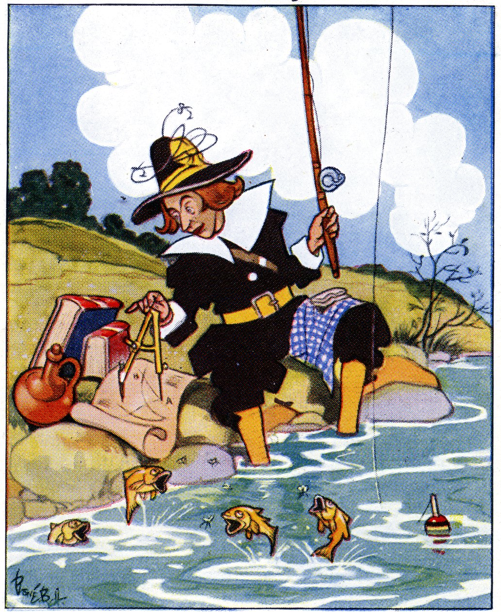 Izaak Walton studies the angles of Euclid while fishing, 1936 by René Bull