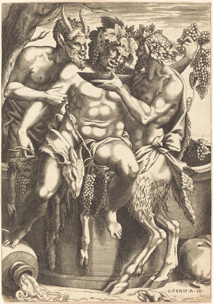 Two Satyrs Giving Drink to Bacchus by René Boyvin after Luca Penni