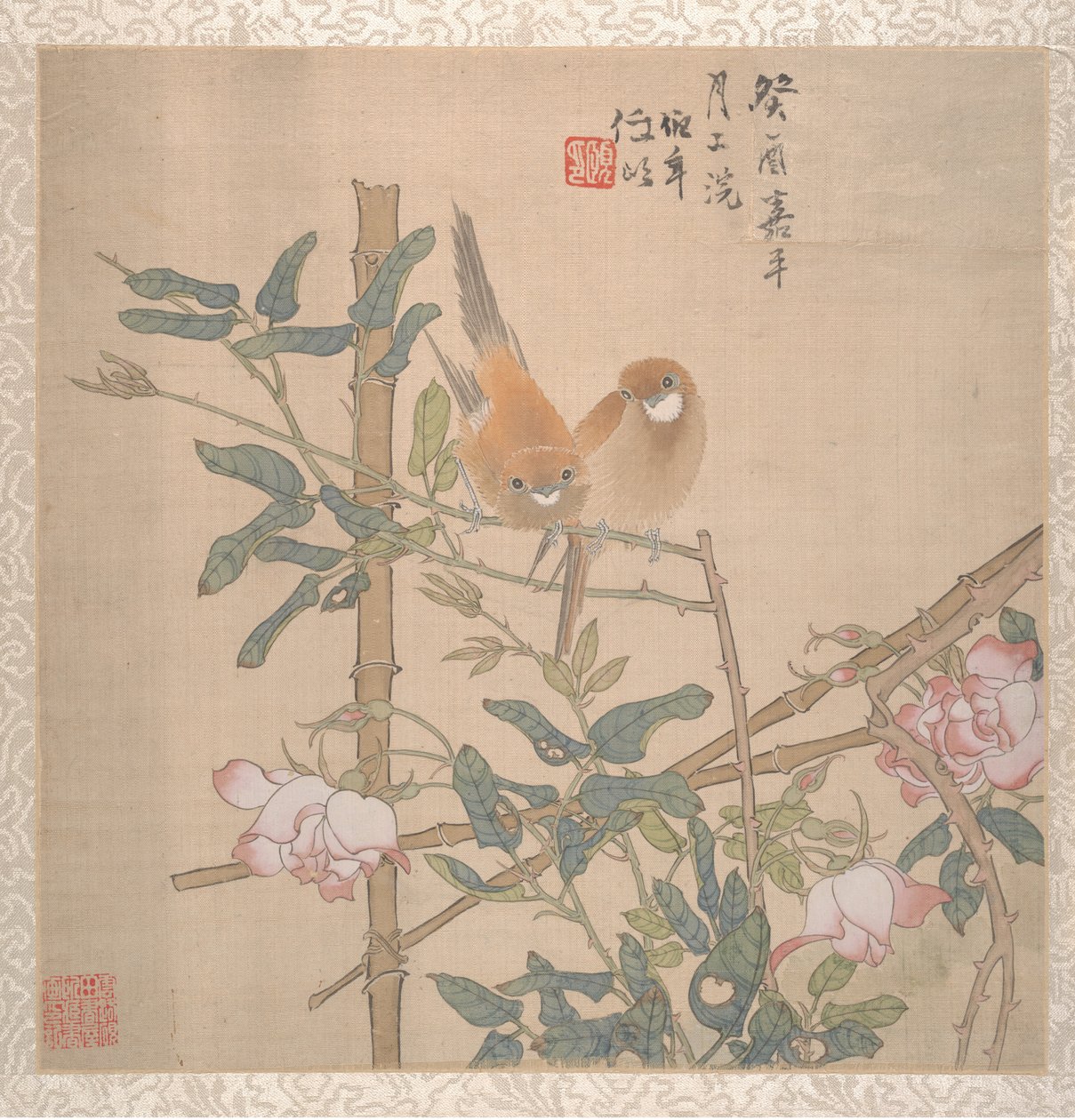 Two Birds Perched on a Flowering Rose Bush by Ren Yi