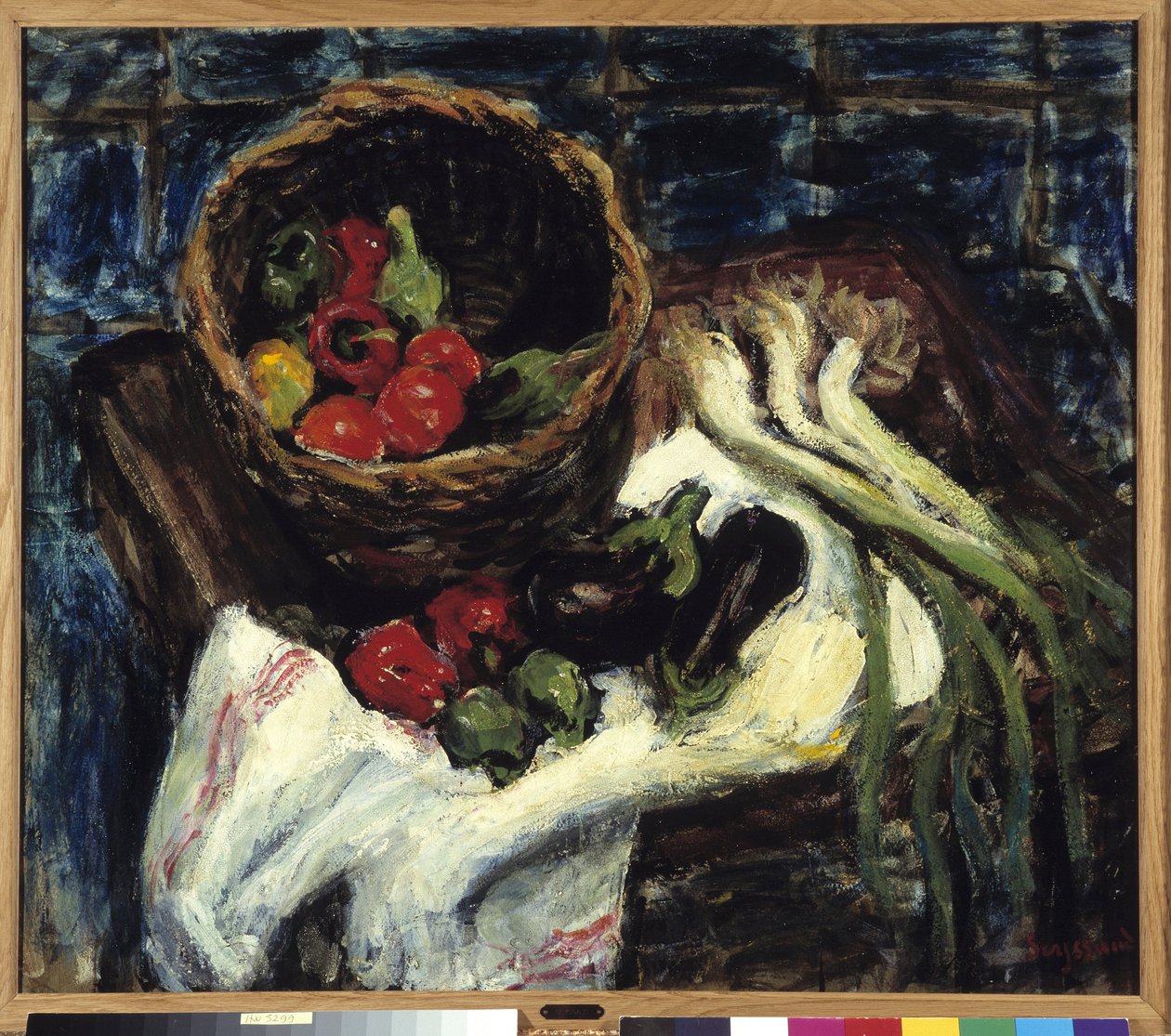 Still Life in Vegetable Basket: Peppers, Eggplant and Leeks by Rene Auguste Seyssaud
