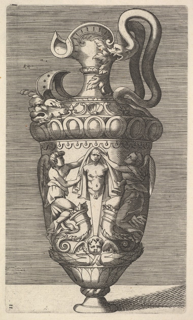 Vase with Two Winged Figures Draping a Term by Rene Boyvin