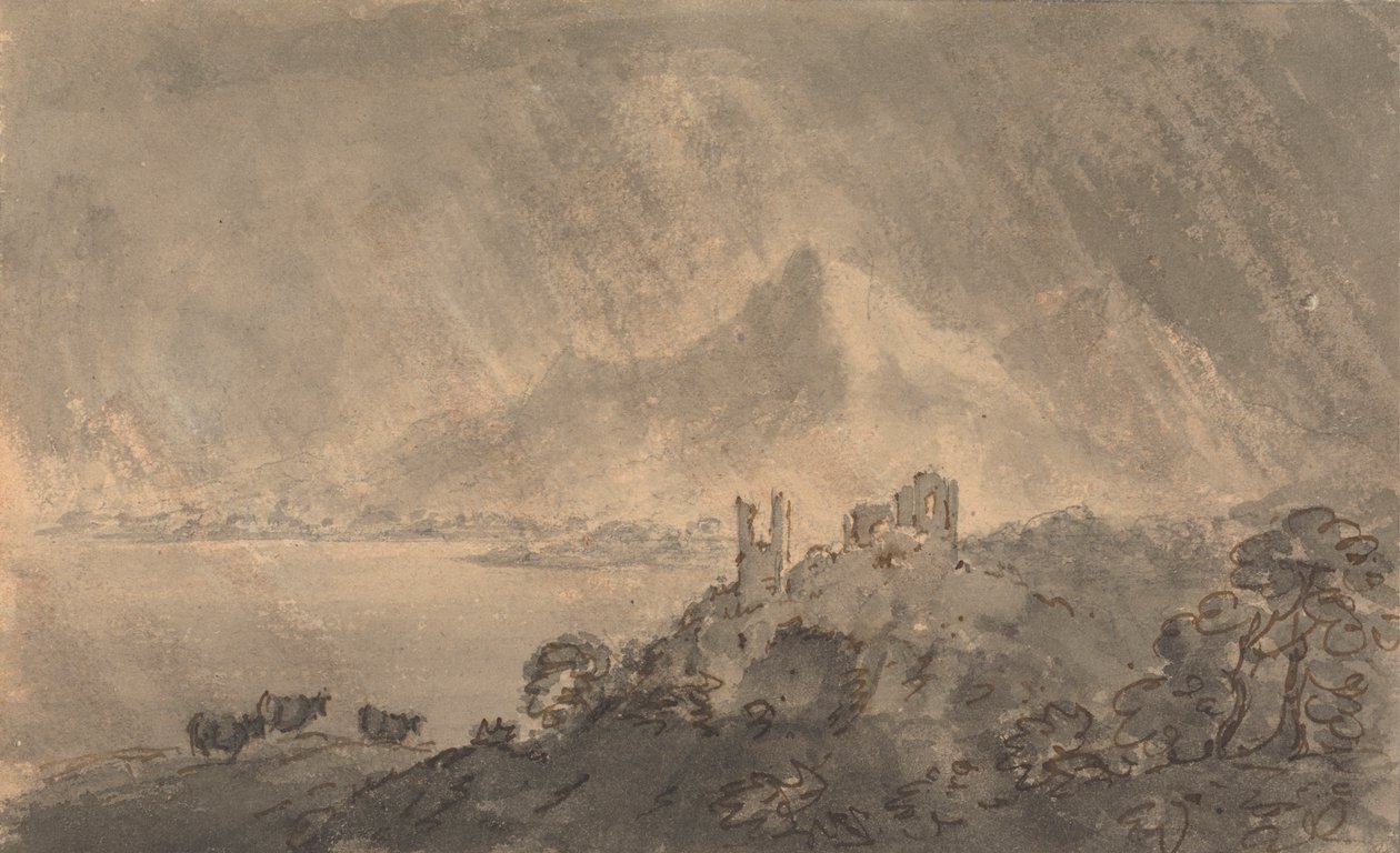Castle above a Lake with Distant Mountain under Stormy Sky by Rev. William Gilpin