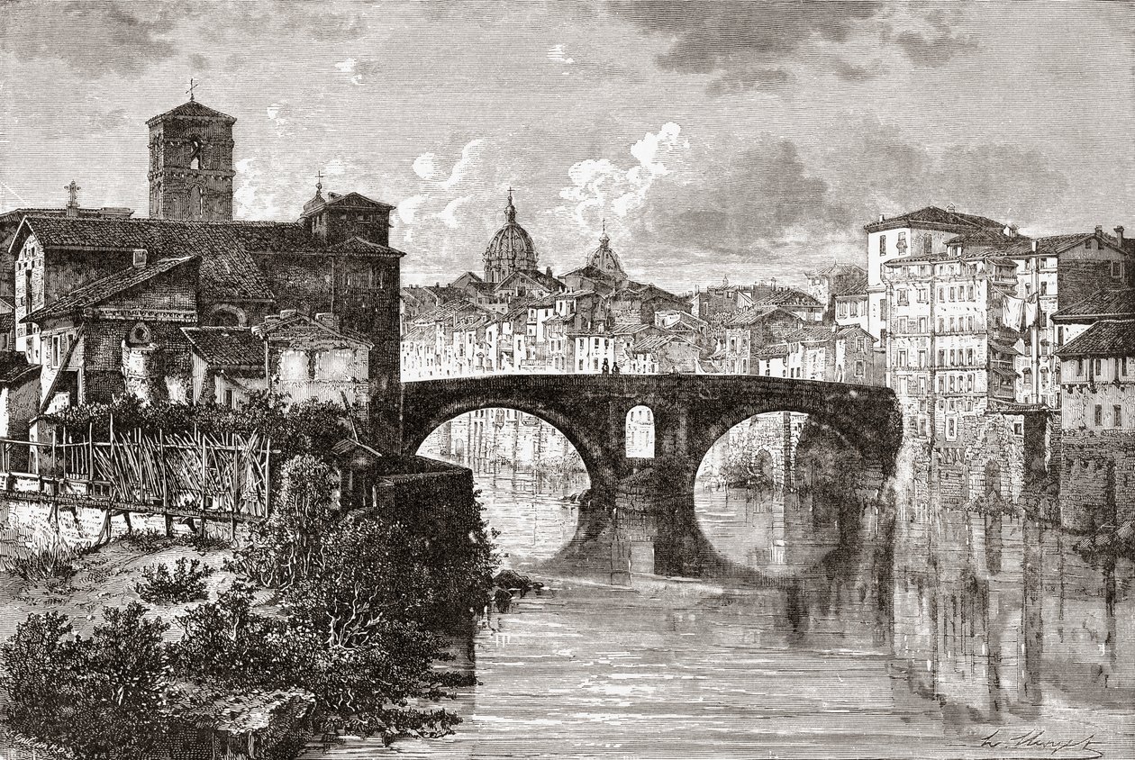 The Pons Fabricius, or Ponte dei Quattro Capi, and Tiber Island, Rome, Italy in the late 19th century. From Italian Pictures by Rev. Samuel Manning, published c.1890. by Reverend Samuel Manning