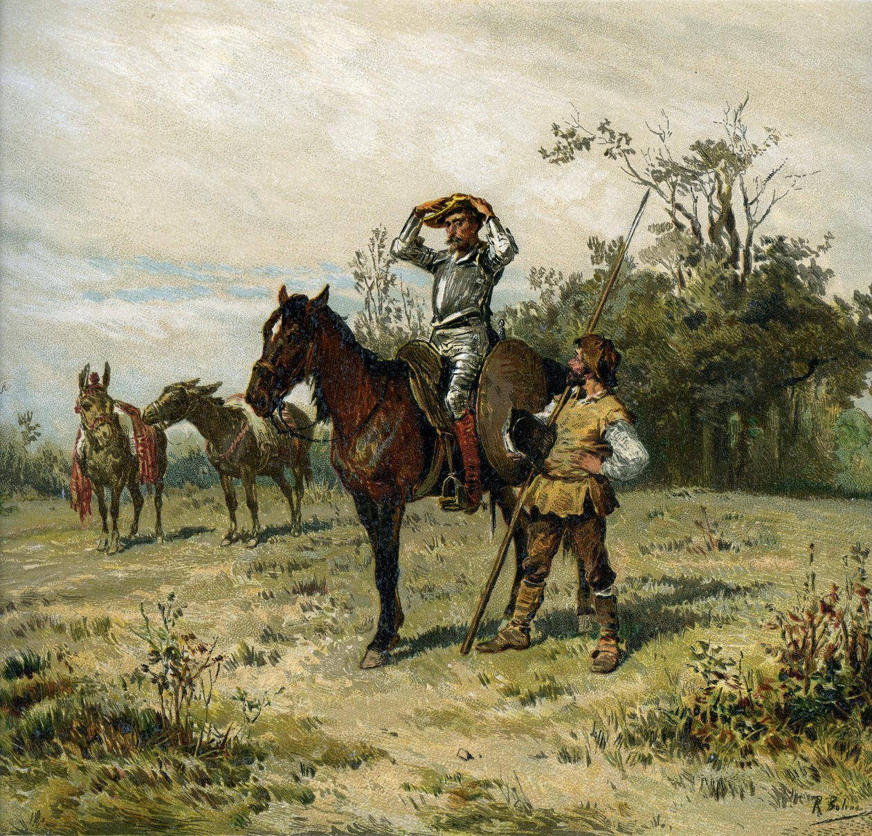 Don Quixote Rides Rossinante, Wears His Helmet, Sancho Panza Carries His Spear by Ricardo Balaca