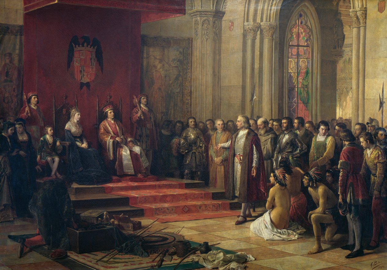 Christopher Columbus received by the Catholic kings in Barcelona on his return from his first trip to the Americas, painting of 1874 by Ricardo Balaca by Ricardo Balaca y Canseco