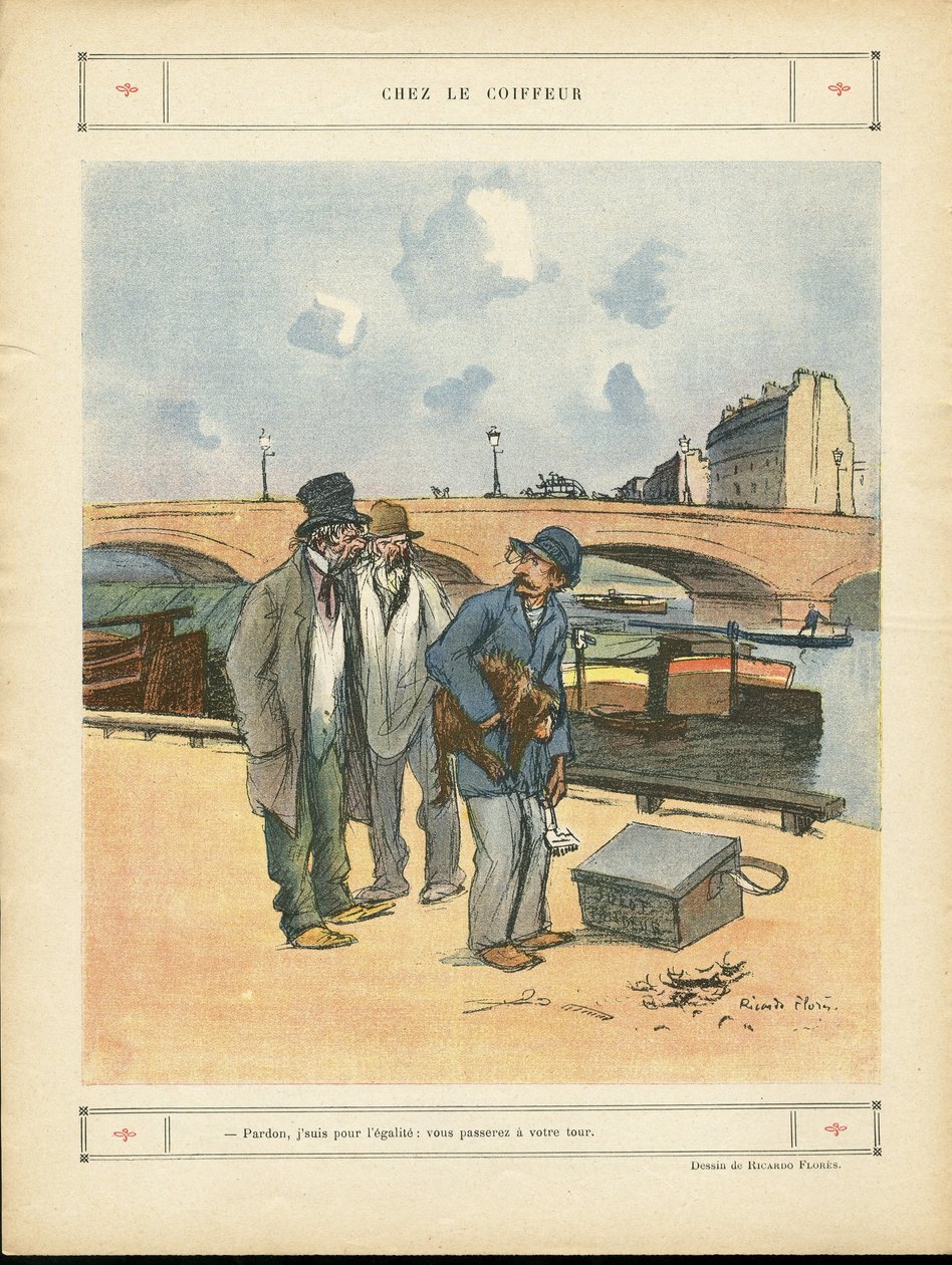 Illustration of Ricardo Flores in Le Rire, 05/10/12 - At the Hairdresser - Paris, Trades, Urban Architecture, Bridge, River - Dog, Hairdresser by Ricardo Flores