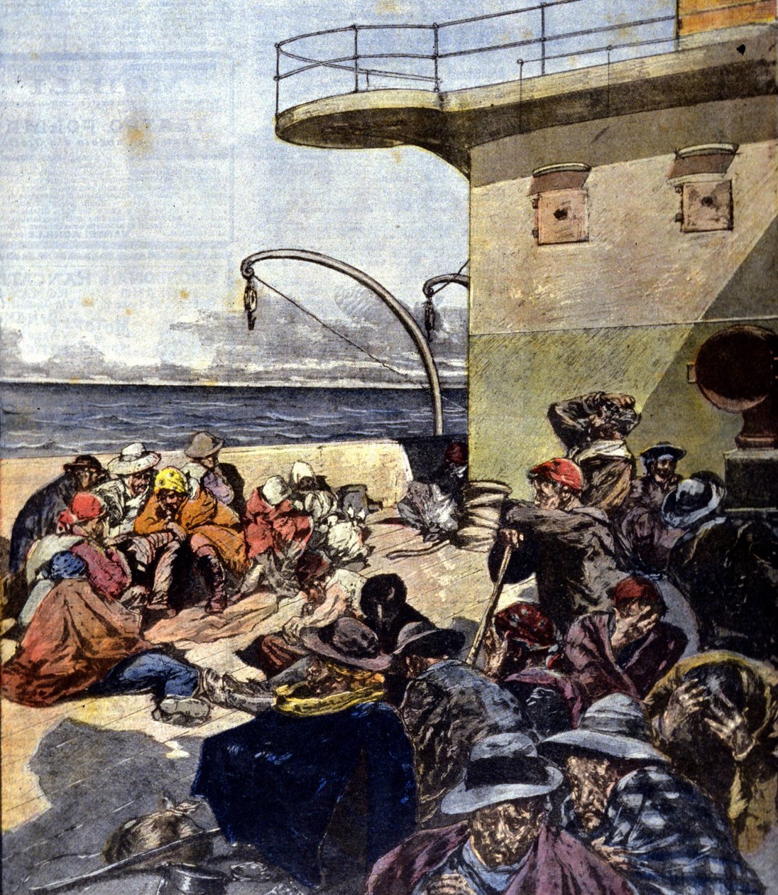 Italian emigration to Canada; the trip on board the Lake Megantic was made under rather difficult conditions. Illustration by R. Pellegrini. La Domenica del corriere. 02/06/1901 by Riccardo Pellegrini