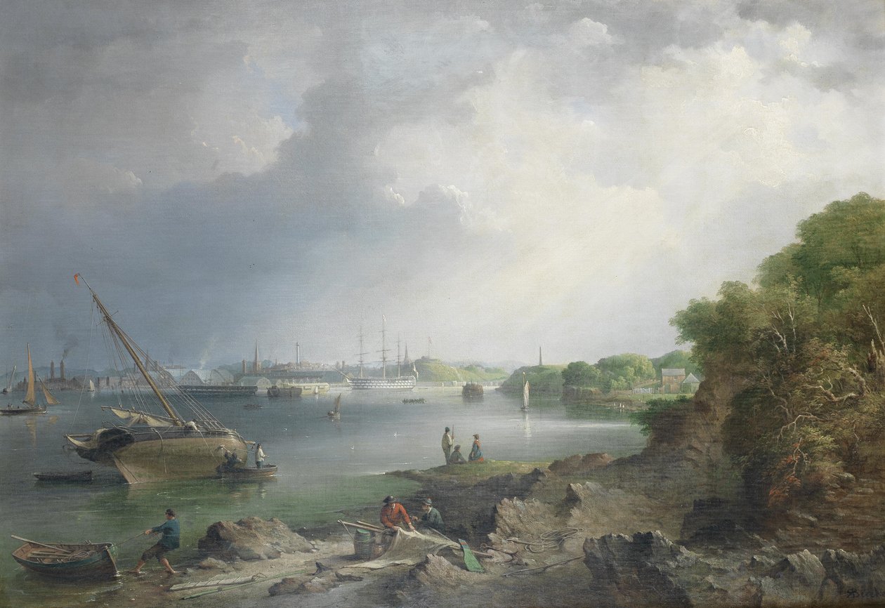 A View Across the Hamoaze Towards the Covered Slips and Buildings of the Naval Dockyard at Devonport by Richard Brydges Beechey