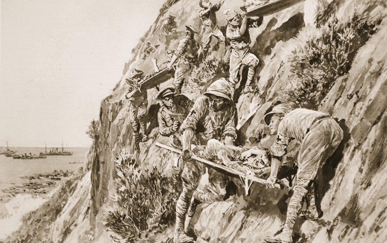An R.A.M.C. Feat Hard to Match: Bringing Wounded Down the Cliff During the Suvla Bay Battle at the Dardanelles, from 