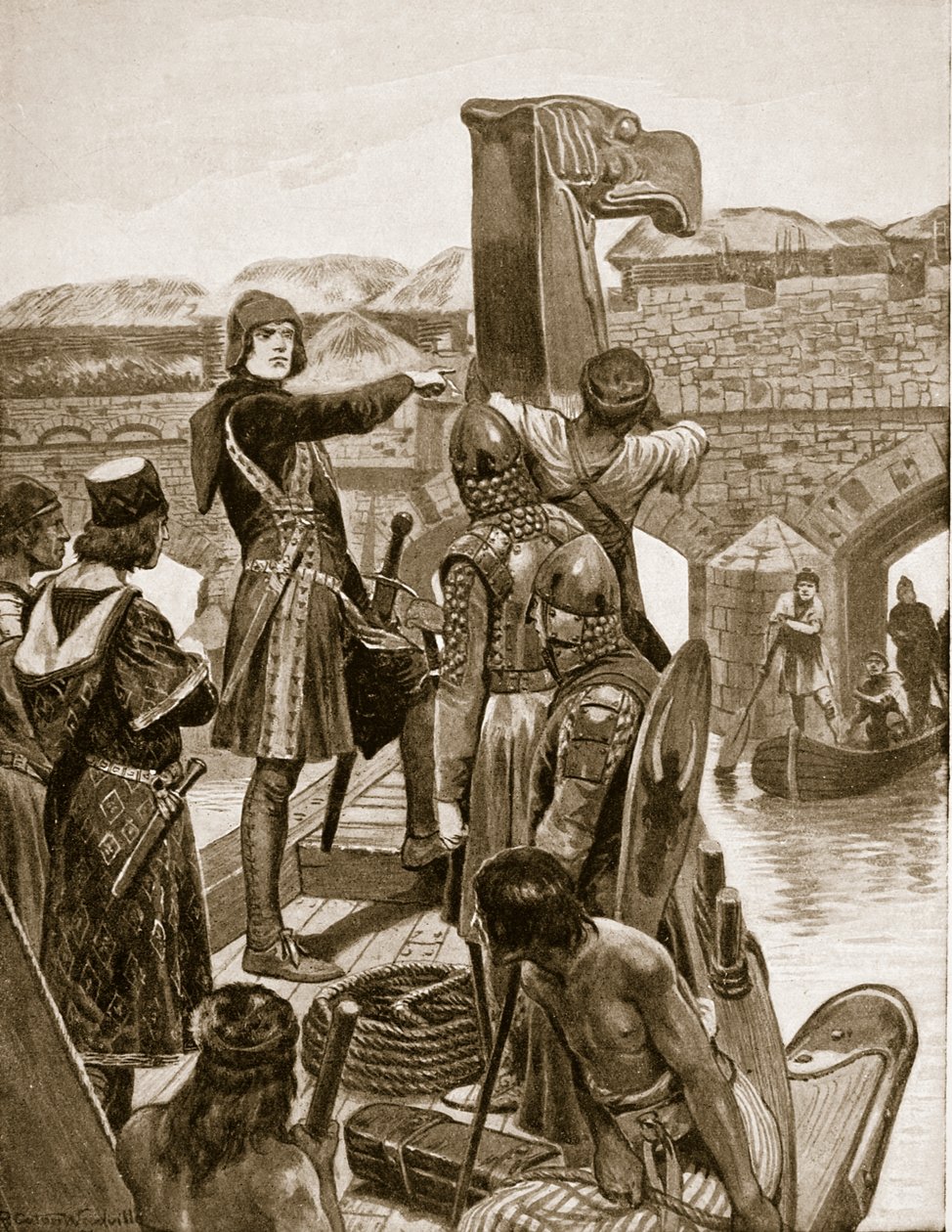 Earl Godwin sails under London Bridge in 1052, to join his son Harold with 9 ships from Ireland, illustration from 