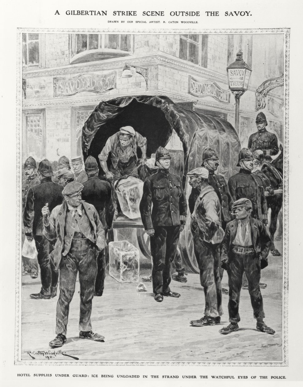 A Gilbertian strike scene outside the Savoy, 1910 by Richard Caton after Woodville