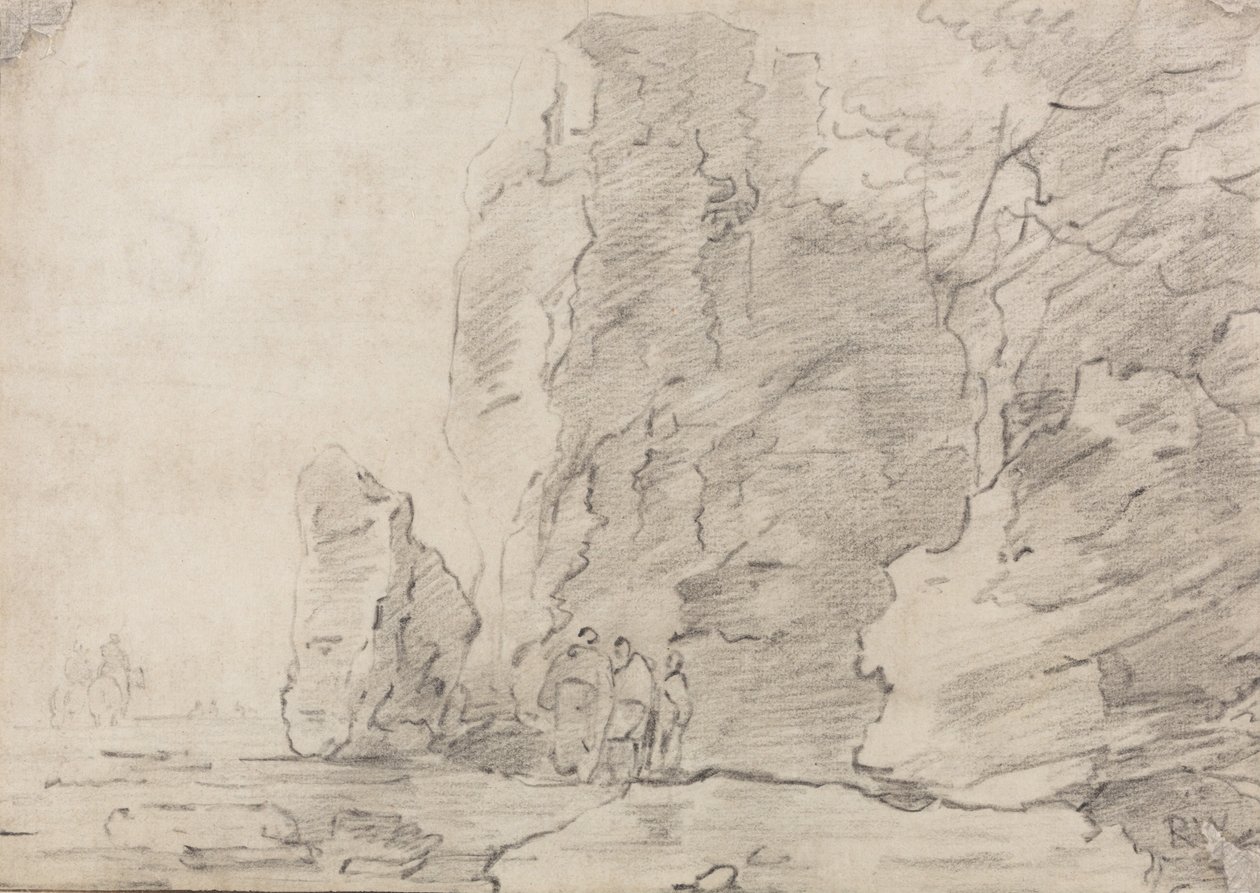 Three Figures Standing by Rocky Cliffs, Two Horsemen in Distance Left by Richard Wilson