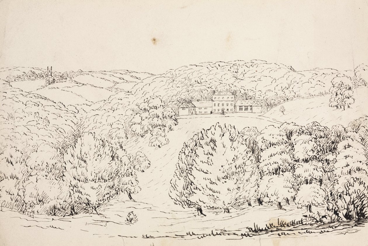 Pencil Sketch of a Building on a Wooded Hillside, South Atlantic by John Pardon