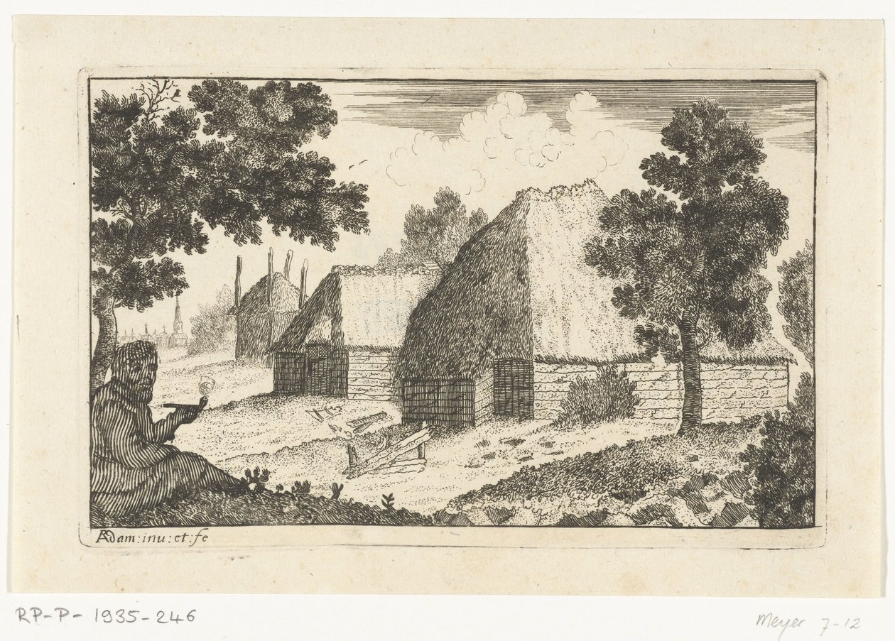 Two Farmhouses with a Man Smoking a Pipe by Richard Adam