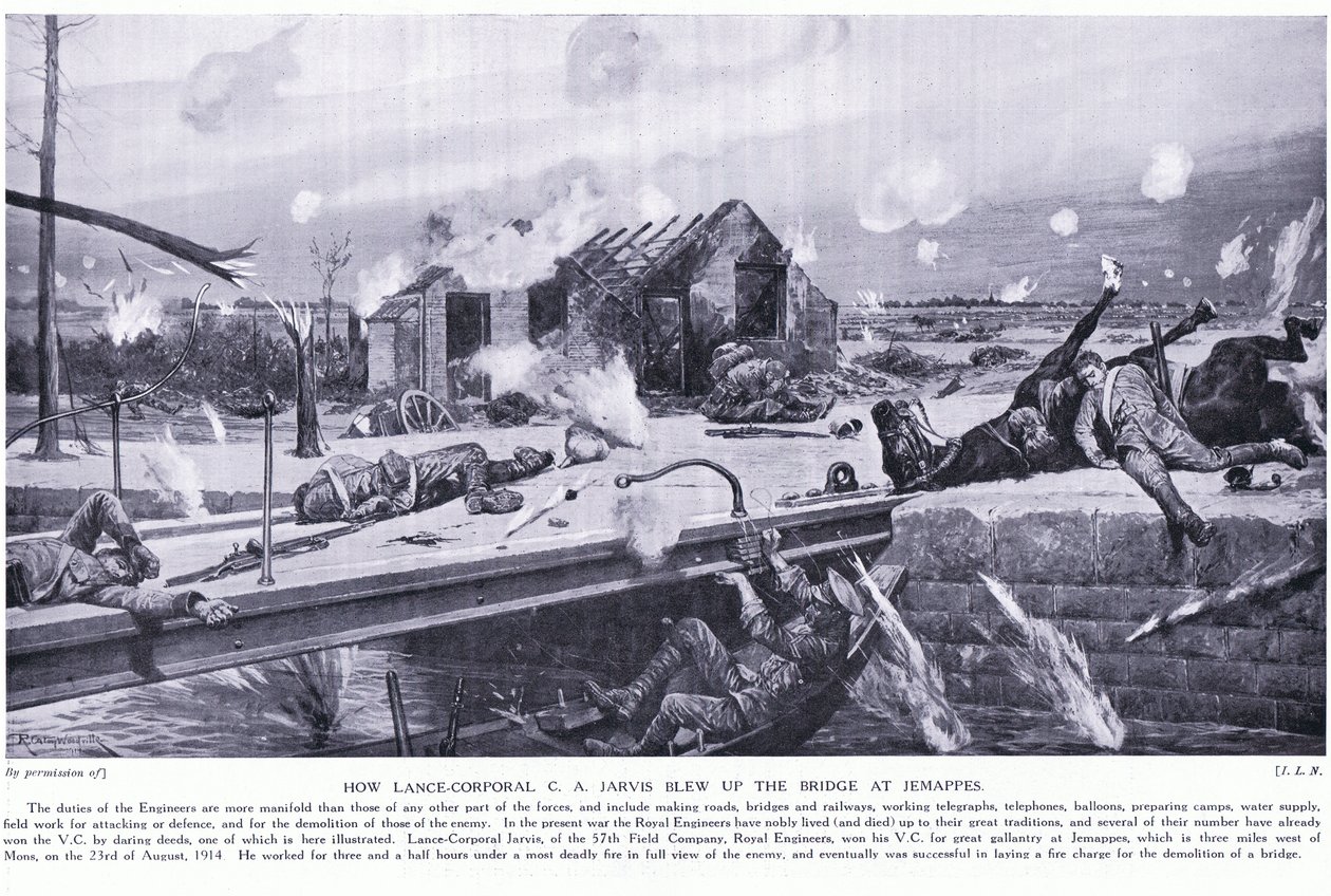 How Lance Corporal C.A. Jarvis Blew Up a Bridge at Jemappes near Mons and Won the VC, August 1914 by Richard Caton Woodville junior