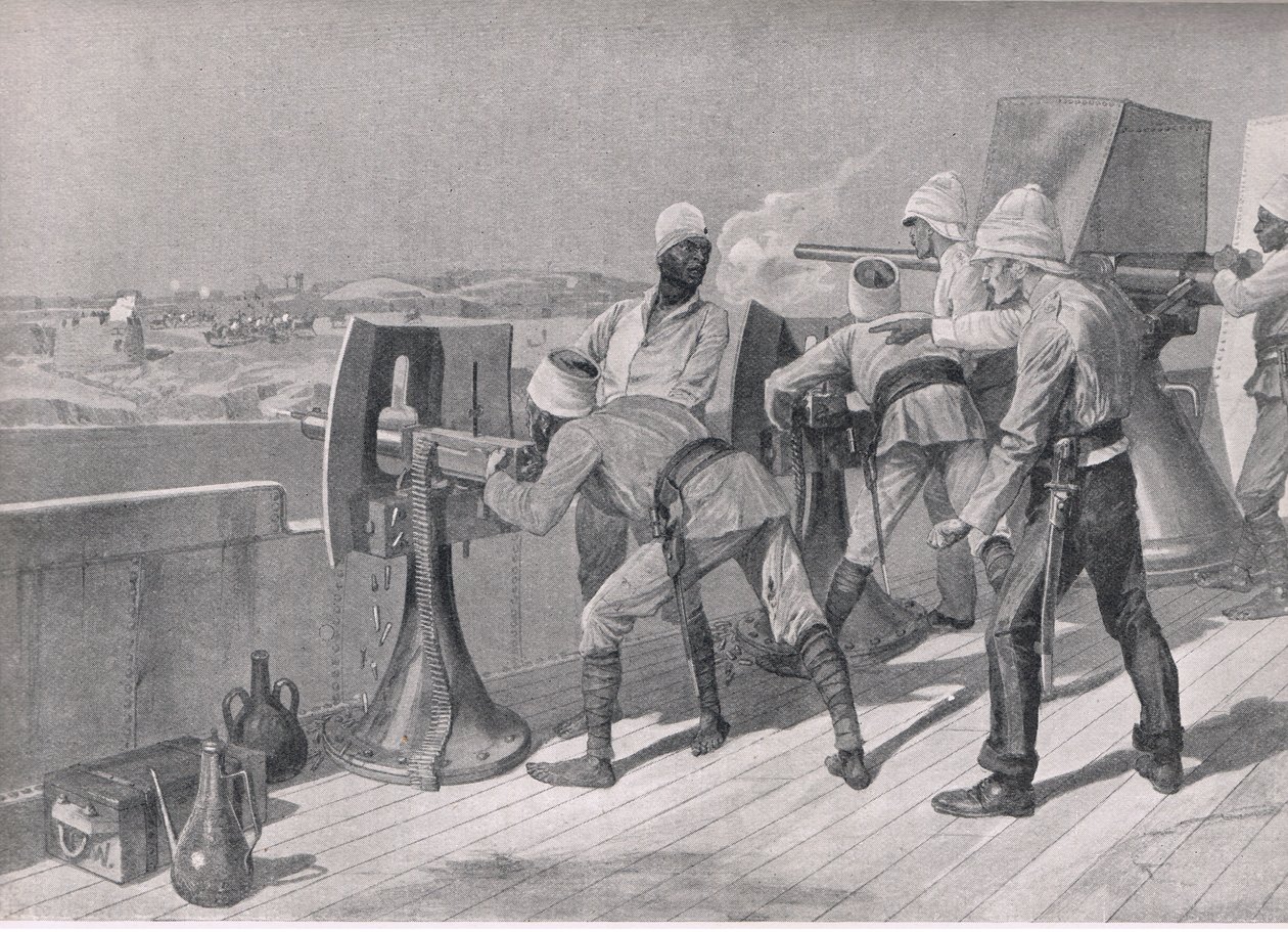 On the Way Up the Nile: Firing at the Dervishes (Illustration from British Battles on Land and Sea, 1915) by Richard Caton Woodville junior
