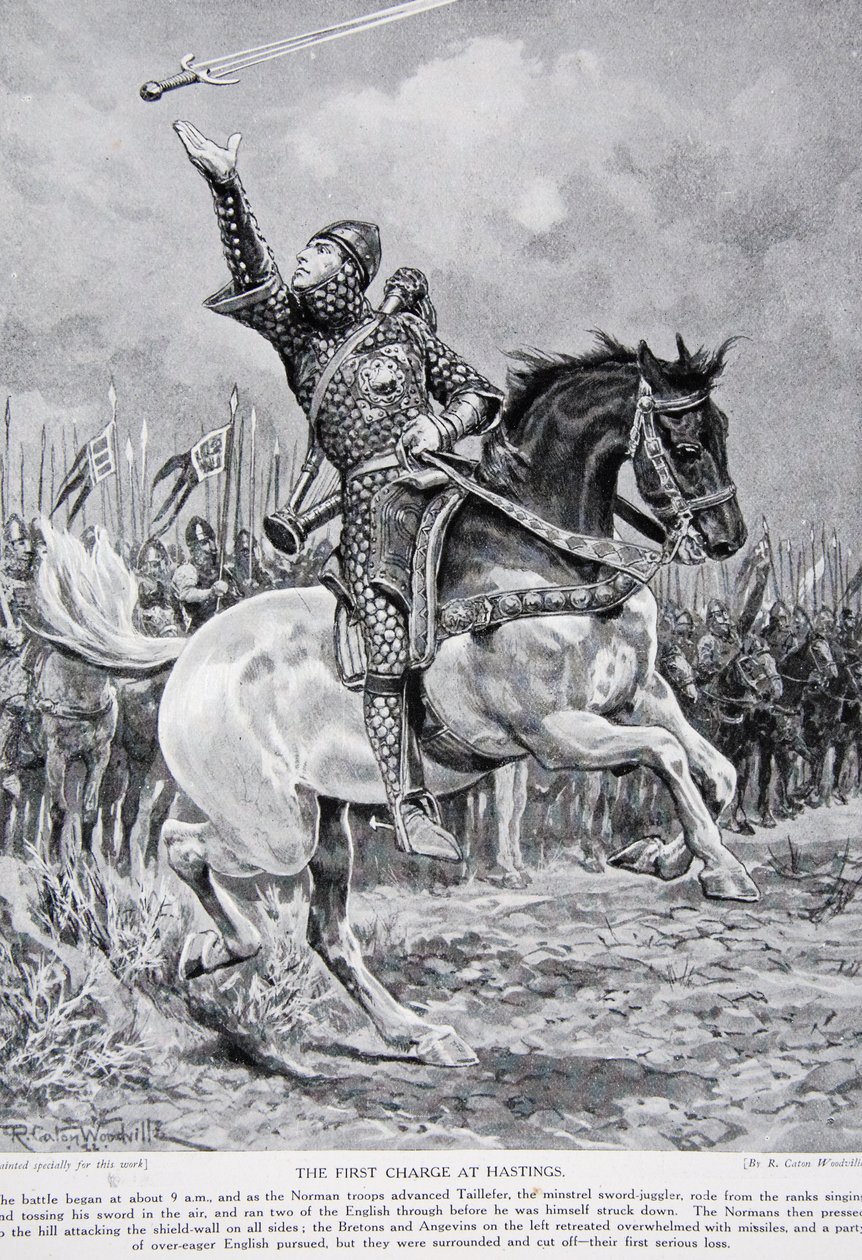 The first charge at Hastings: Taillefer the minstrel sword-juggler rode from the ranks singing and tossing his sword in the air, 1066, illustration from 
