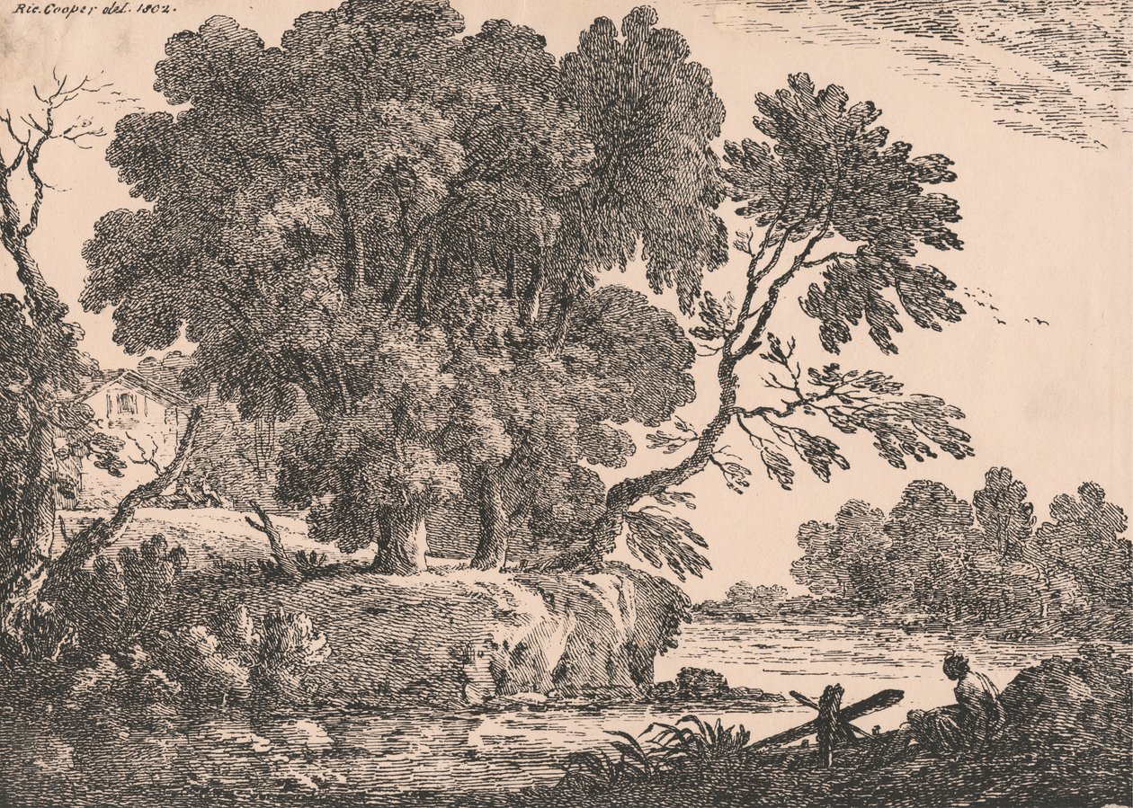 Landscape with group of trees surrounded by water, cottage on left, woman seated right foreground by Richard Cooper the Elder