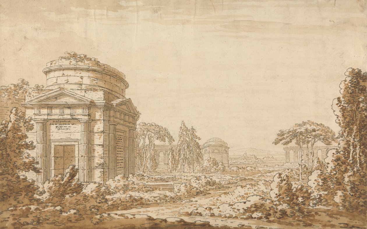 Classical Italian Landscape with Temples and a Ruined Aqueduct by Richard Cooper the Younger