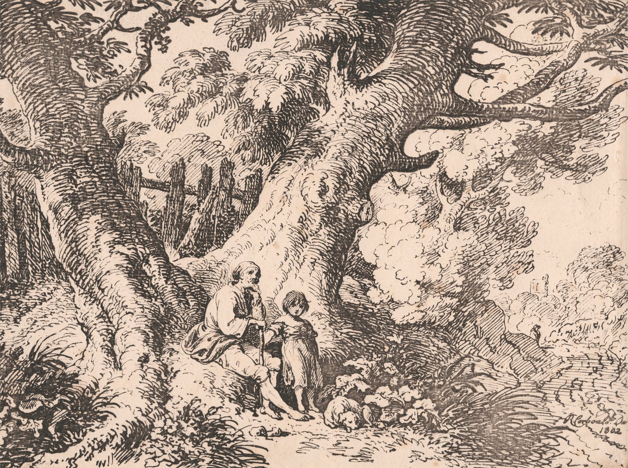Old Trees with Old Man, Child and Dog by Richard Corbould