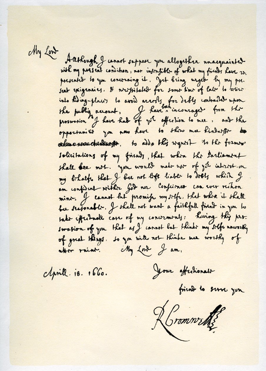 Letter from Richard Cromwell, Lord Protector, to General George Monck, 18th April 1660 by Richard Cromwell