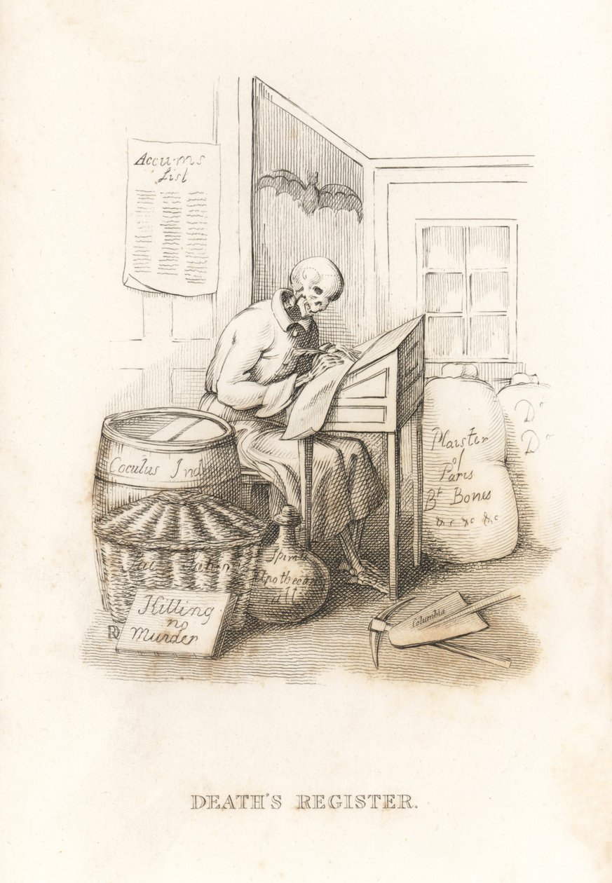 The Skeleton of Death and His Ledger (engraving) by Richard Dagley