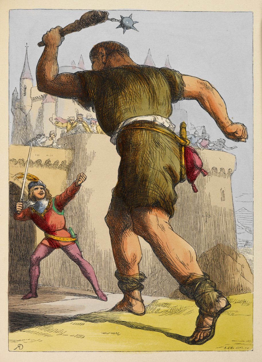 Jack ready to fight a giant outside a castle. Colour illustration in a children