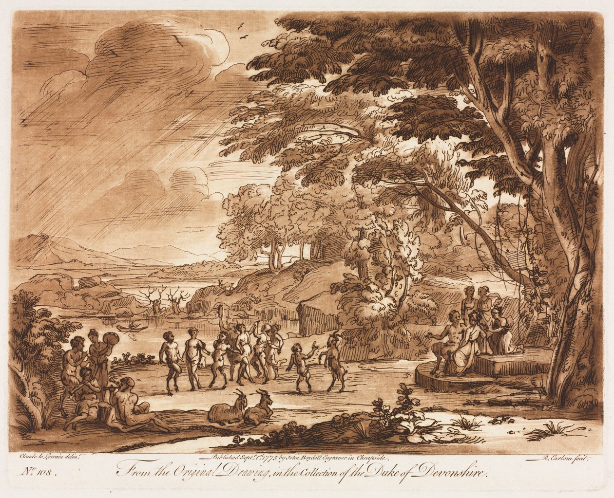 Liber Veritatis: No. 108, Landscape with Satyrs and Nymphs Dancing by Richard Earlom