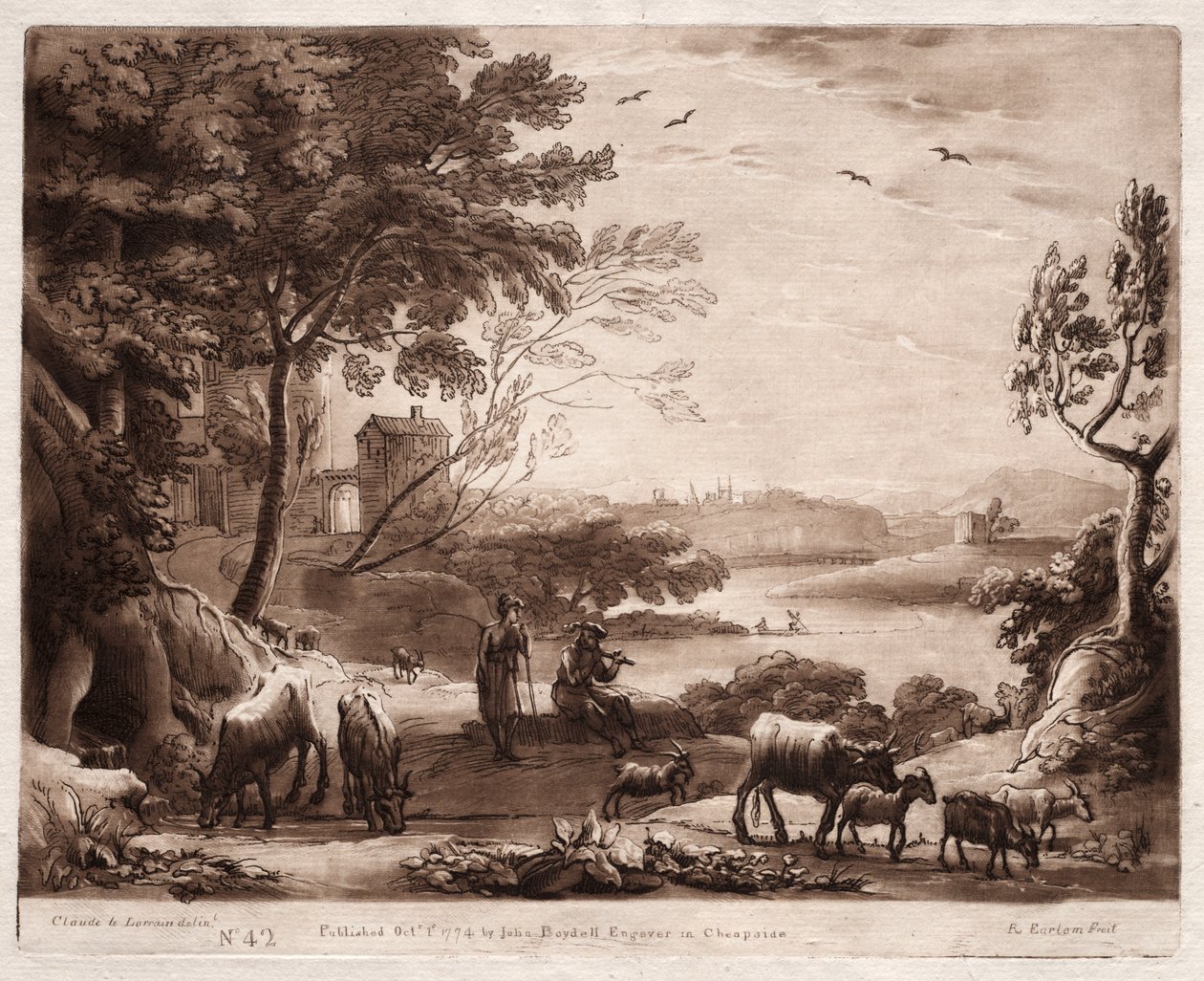 Liber Veritatis: No. 42, A River Landscape with a Shepherd and Shepherdess and a Herd of Cattle by Richard Earlom