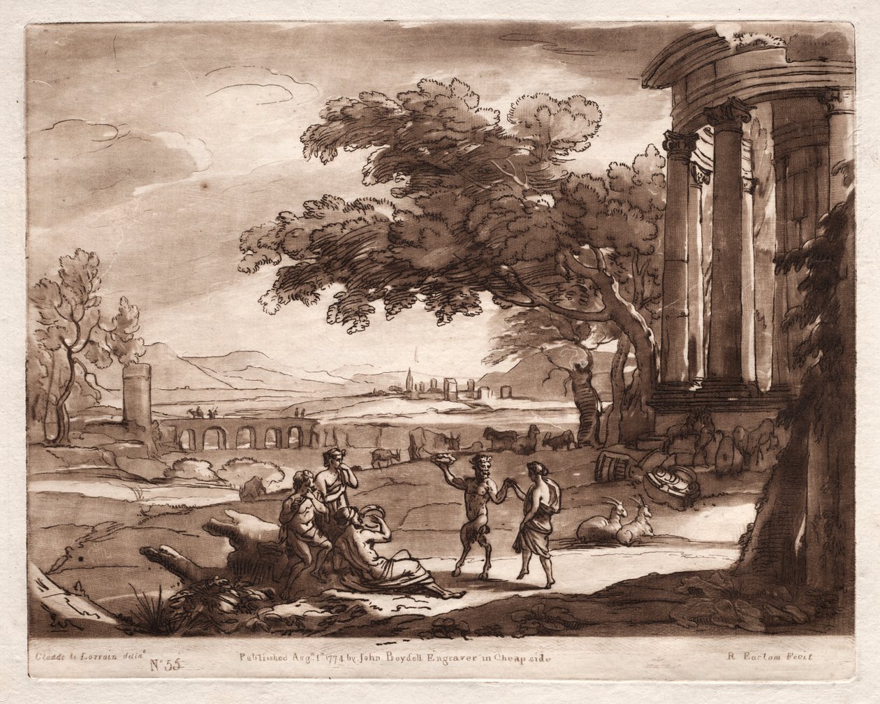 Liber Veritatis: No. 55, A Landscape with a Temple and a Nymph and Satyr Dancing by Richard Earlom