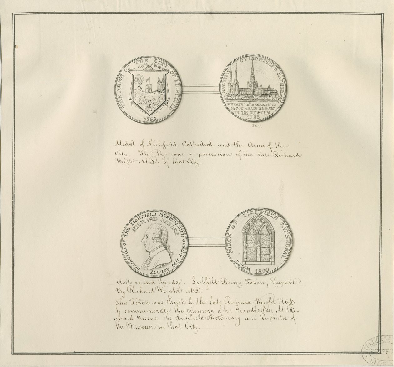 Lichfield - Medals of Lichfield Cathedral and the City Arms, and a portrait of Richard Greene by Richard Greene