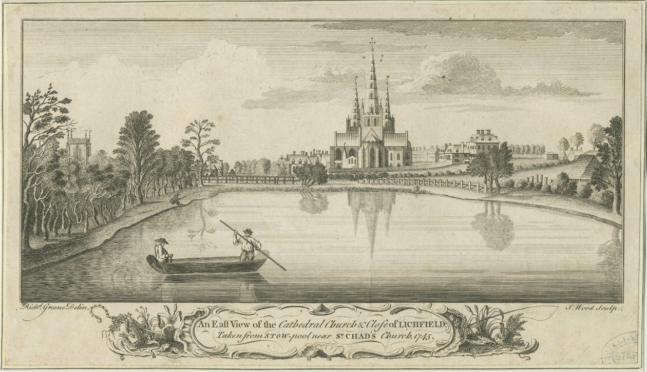 Lichfield Cathedral and Close - East View: copper-plate engraving by Richard Greene