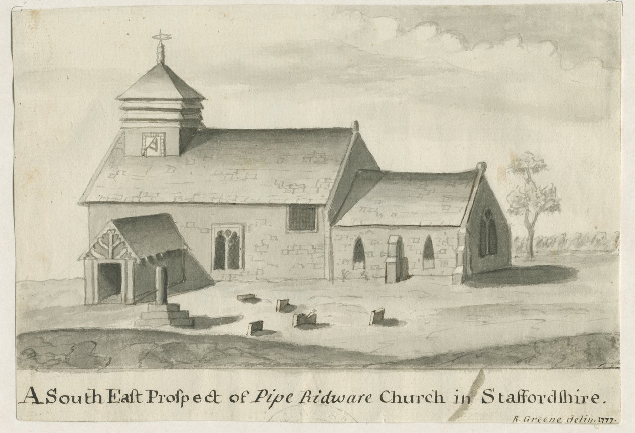 Pipe Ridware Church: sepia painting, 1777 by Richard Greene