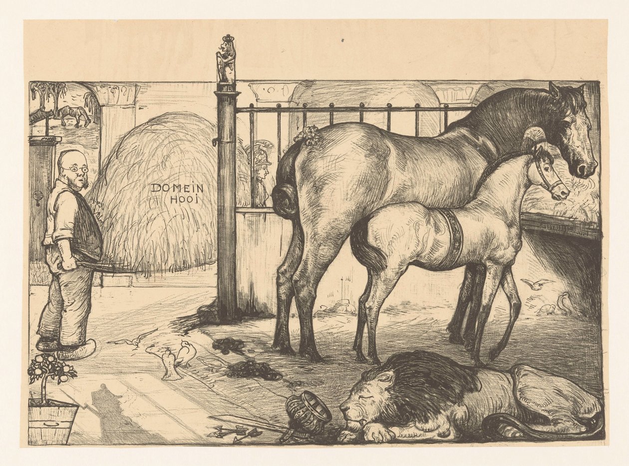 Two Horses by a Hayrack in a Stable by Richard Nicolaüs Roland Holst