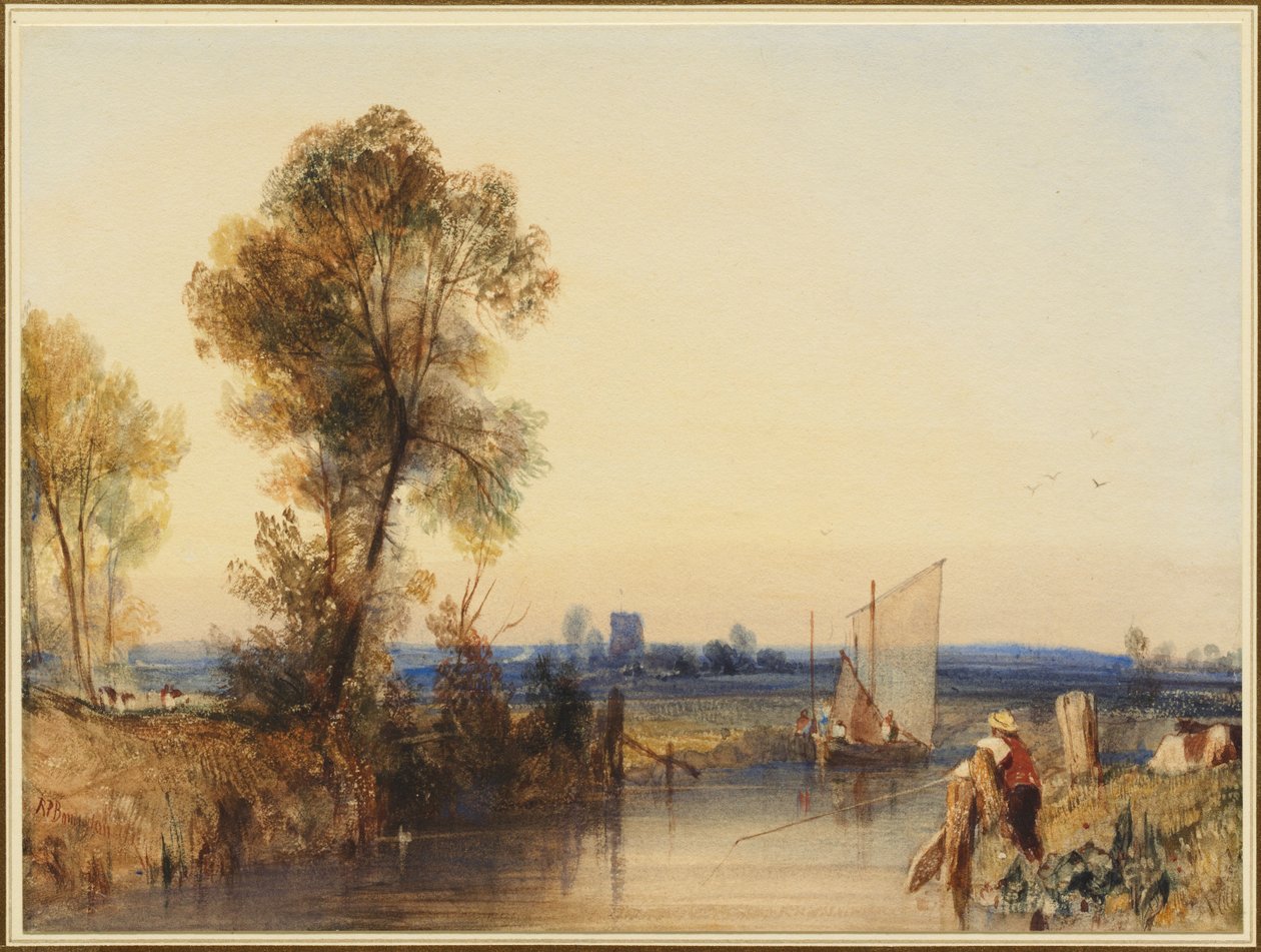 A Fisherman on the Banks of a River, a Church Tower in the Distance by Richard Parkes Bonington