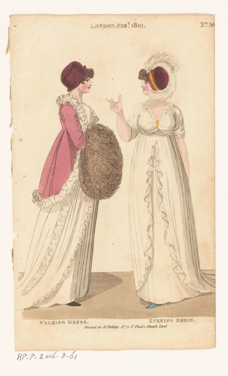 Magazine of Female Fashions of London and Paris. No. 36. London Feb., 1801: Walking Dress; Evening Dress by Richard Phillips