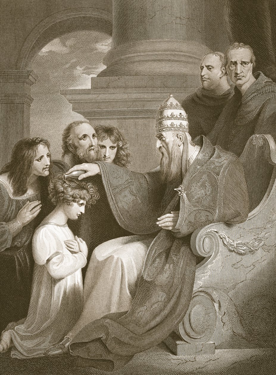 Prince Alfred before Pope Leo the III, engraved by J. Stow, illustration from David Hume